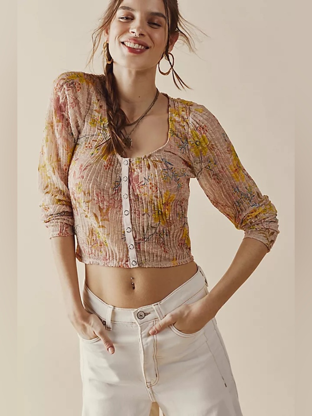 Free People Angelina Pink Floral Ribbed Snap-Front Long Sleeve Top